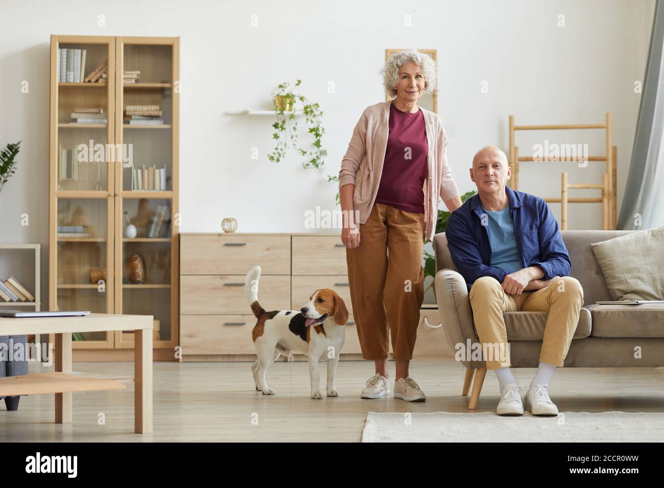 Portrait complet d'un couple senior moderne regardant l'appareil photo tout en posant dans un intérieur confortable avec chien d'animal de compagnie, espace de copie Banque D'Images