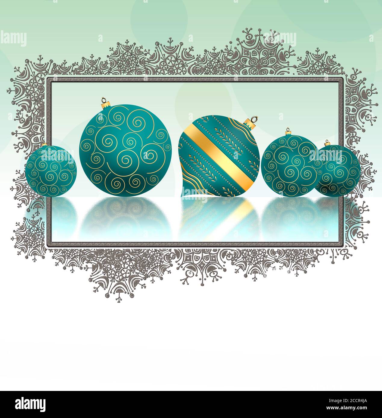 Arrière-plan de Noël avec boules bleu turquoise avec ornement d'or avec reflet et bordure de flocons de neige sur fond vert pastel. Espace de copie, maquette. Illustration 3D Banque D'Images