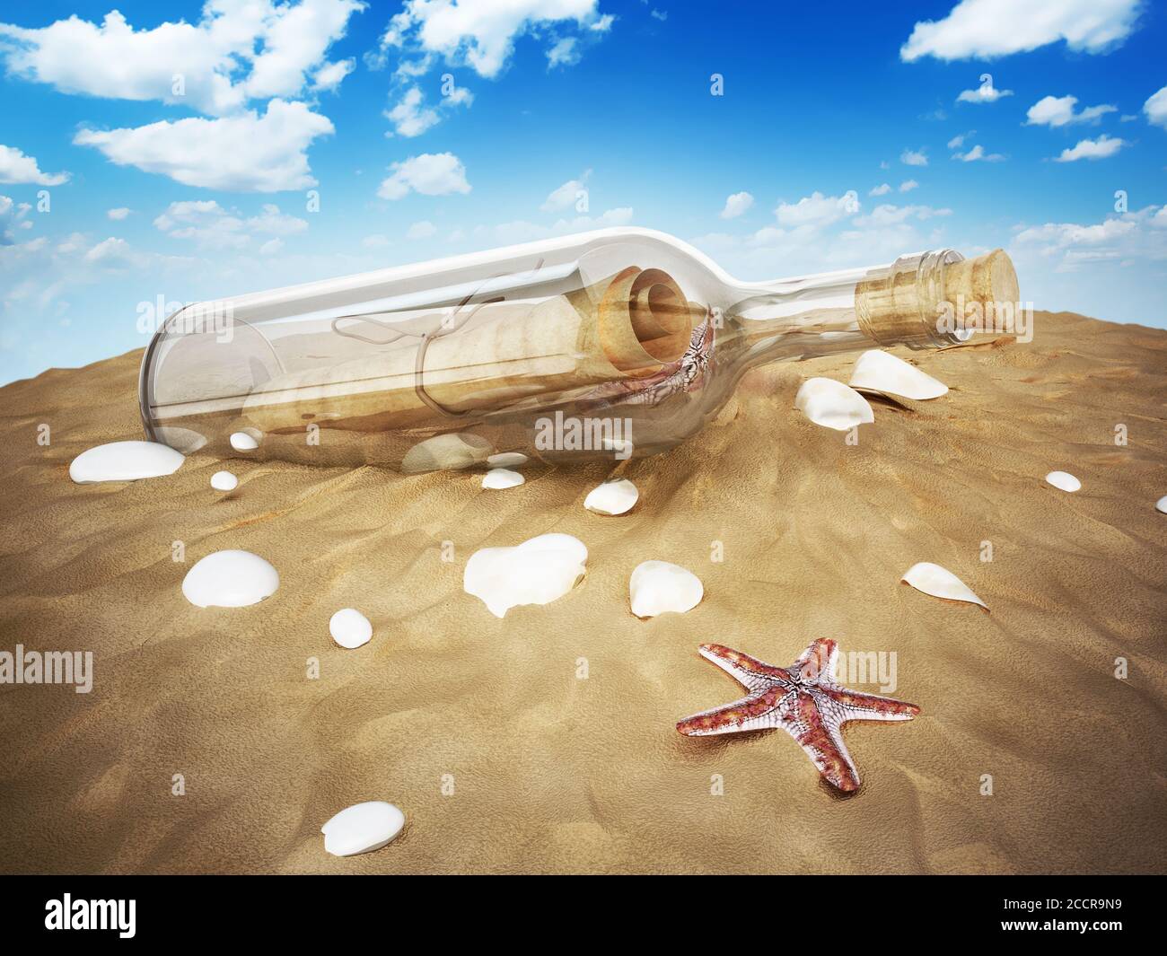 Message dans une bouteille debout sur la plage de sable. 3D illustration. Banque D'Images