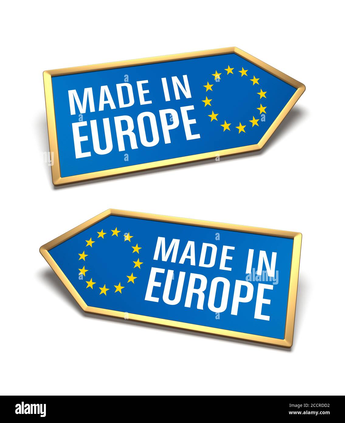 Etiquettes fabriquées en Europe isolées sur blanc. Certificat de l'Union européenne à l'intérieur des formes d'icônes de flèche, fond bleu, bordures dorées et symbole d'étoiles jaunes, p Banque D'Images