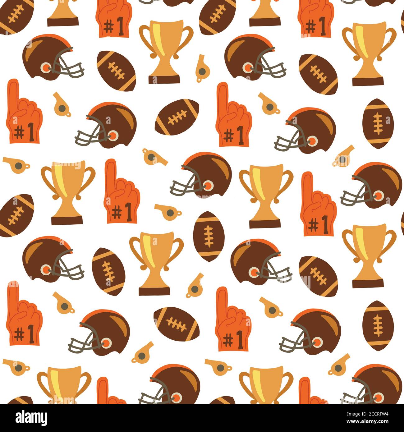 Motif vectoriel sans coutures American football. Arrière-plan de l'équipement sportif. Casque de football, doigt en mousse, trophée, sifflet. Pour tissu, papier peint Illustration de Vecteur