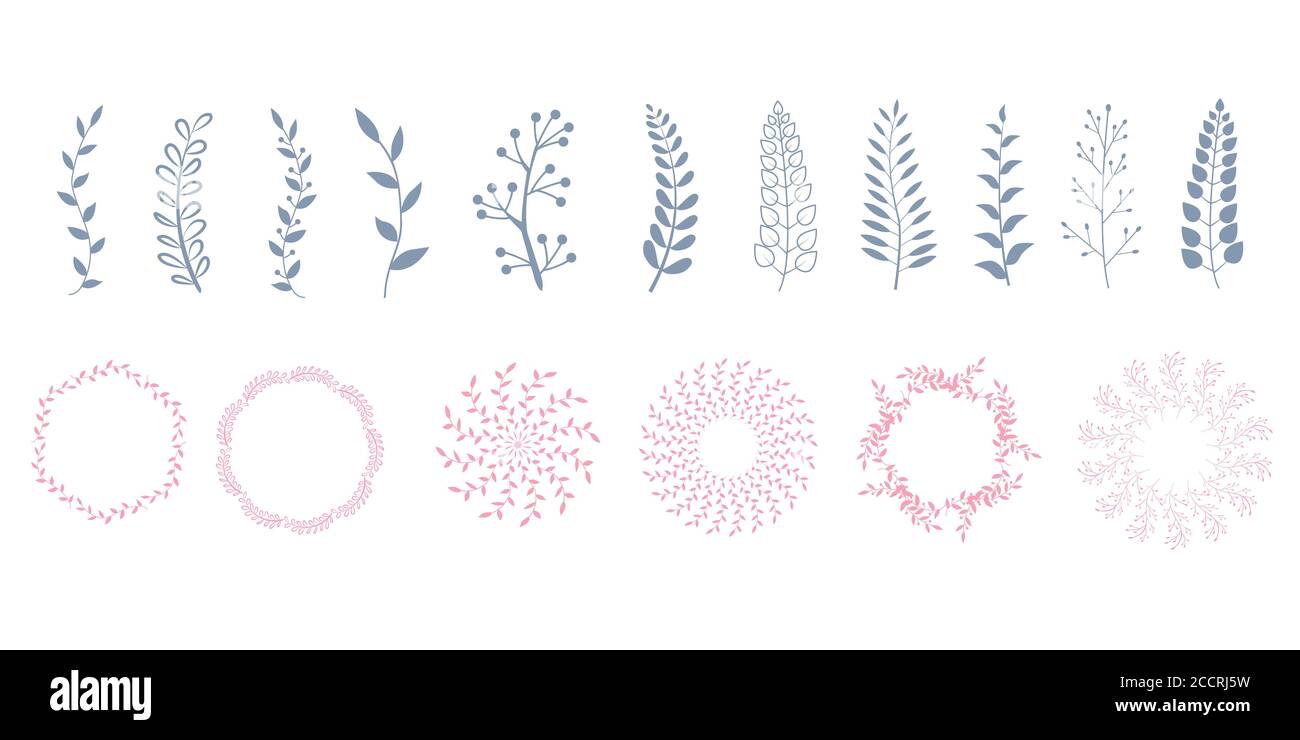 Ensemble de couronnes et de lauriers. Branches, feuilles, feuilles, éléments de décoration pétale peints à la main Illustration de Vecteur