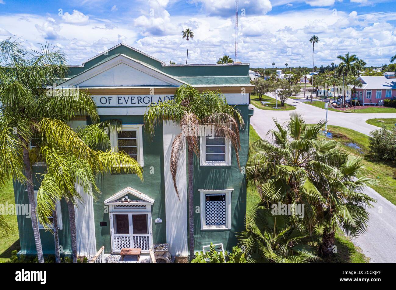 Everglades City Florida, ancien bâtiment historique de la Bank of Everglades, vue aérienne sur les oiseaux au-dessus, visites touristiques en voyages Banque D'Images