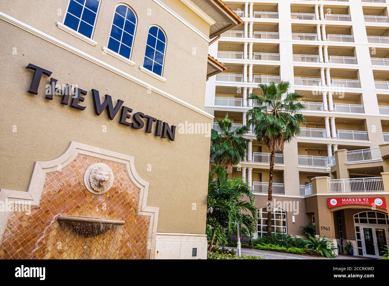 Cape Coral Florida,Westin Cape Coral Resort à Marina Village,hôtels hôtels motels inn motel,entrée de l'allée,panneau,extérieur,fontaine,visiteurs Banque D'Images