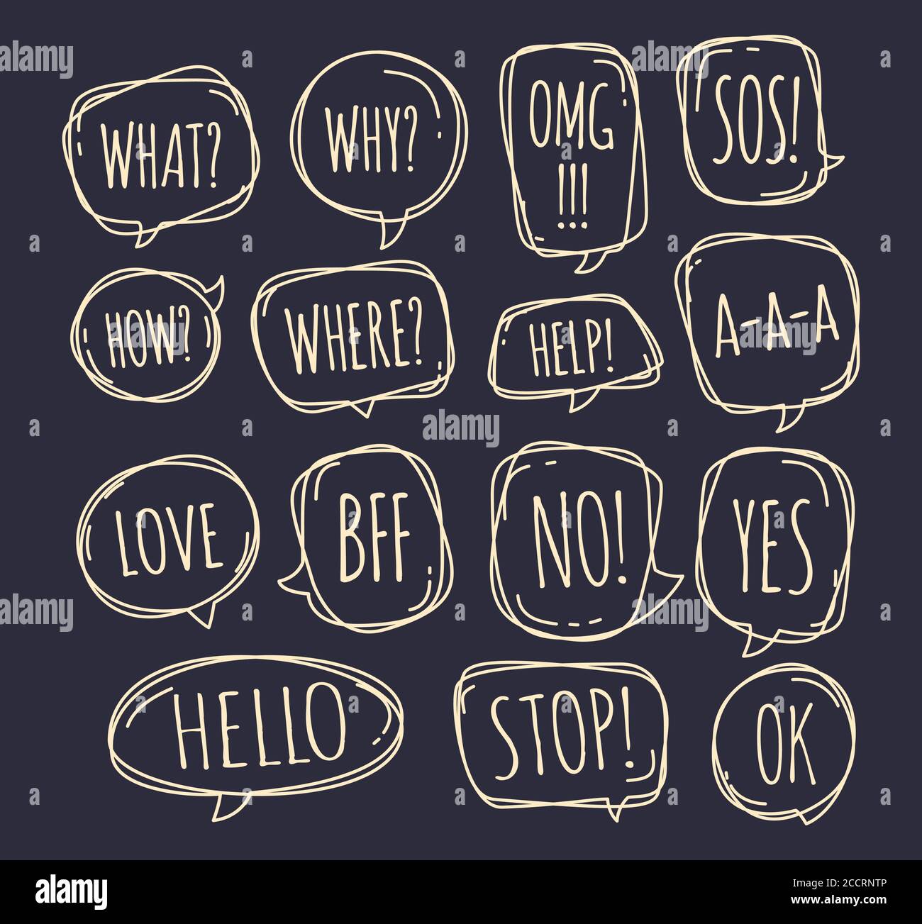 Ensemble de différentes bulles de parole dans le style dooodle avec le texte non, stop, ok, oui, amour, sos, quoi et autre à l'intérieur. Illustration vectorielle Illustration de Vecteur