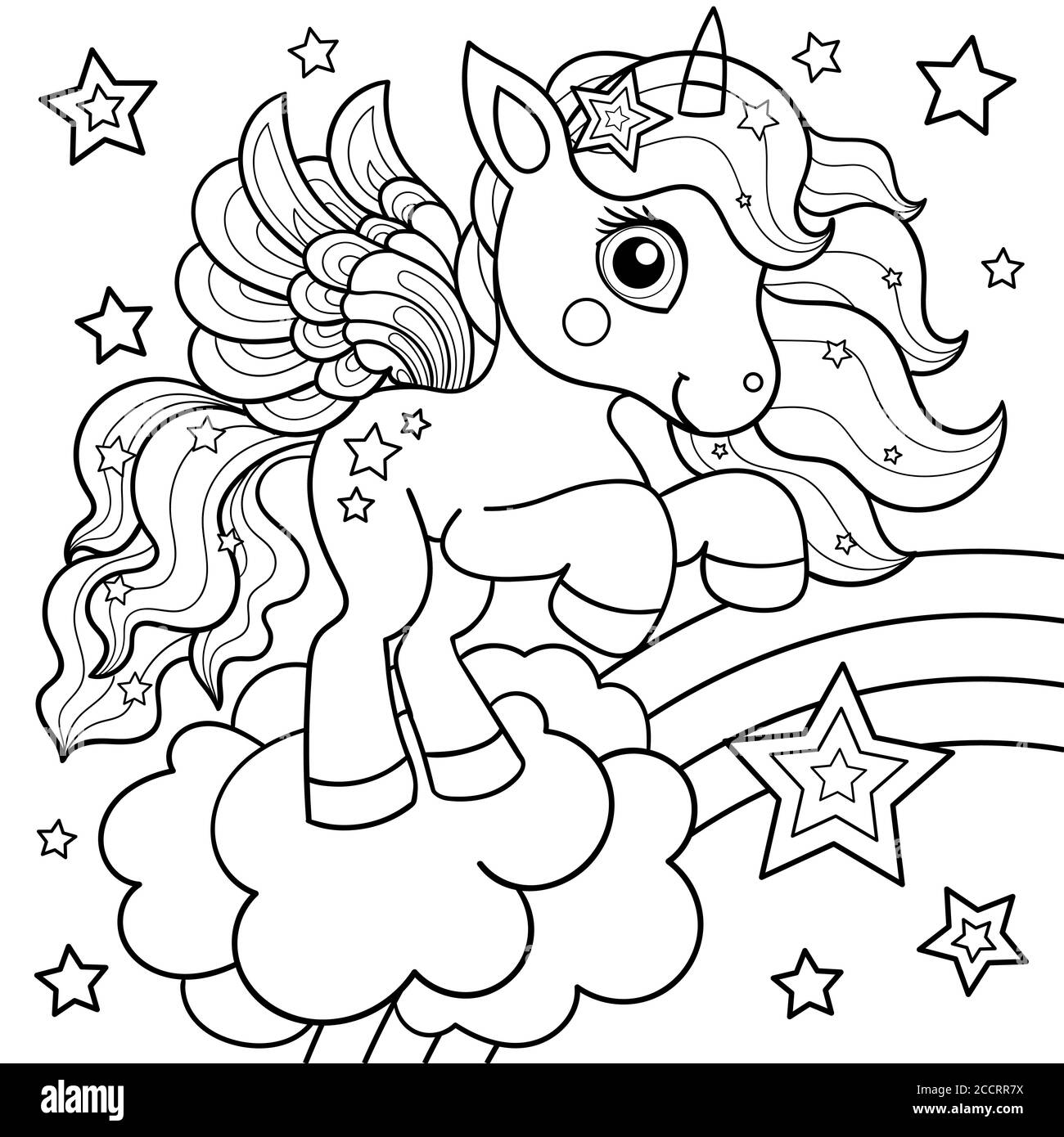 Jolie licorne sur un arc-en-ciel aux étoiles. Illustration pour enfants en noir et blanc. Pour la conception de livres à colorier, cartes postales, imprimés, affiches, tatouages. Illustration de Vecteur