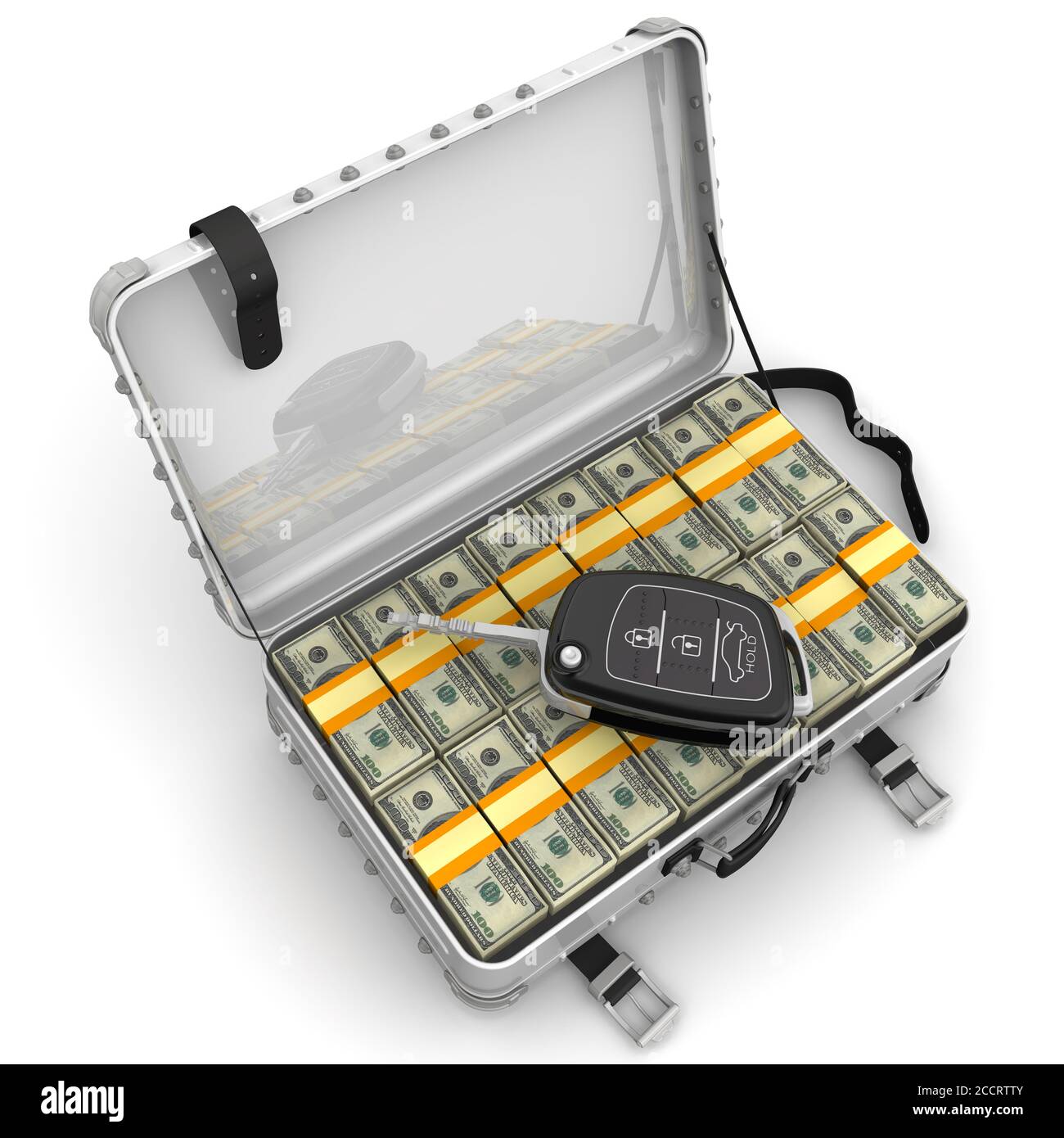 Argent pour acheter une voiture. La clé de voiture est posée sur une valise  ouverte remplie de paquets de dollars américains. Illustration 3D Photo  Stock - Alamy