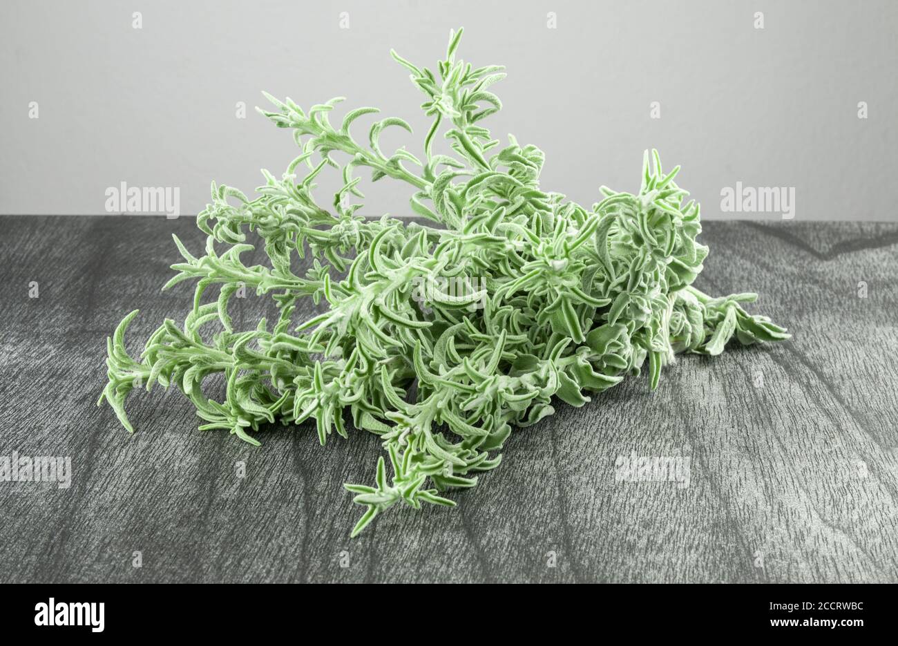 Bouquet de sauge fraîche sur une table en bois sombre. Herbe de sauge verte pour le thé. Branches et feuilles de sauge sur fond gris. Salvia officinalis. Copier l'espace pour tex Banque D'Images