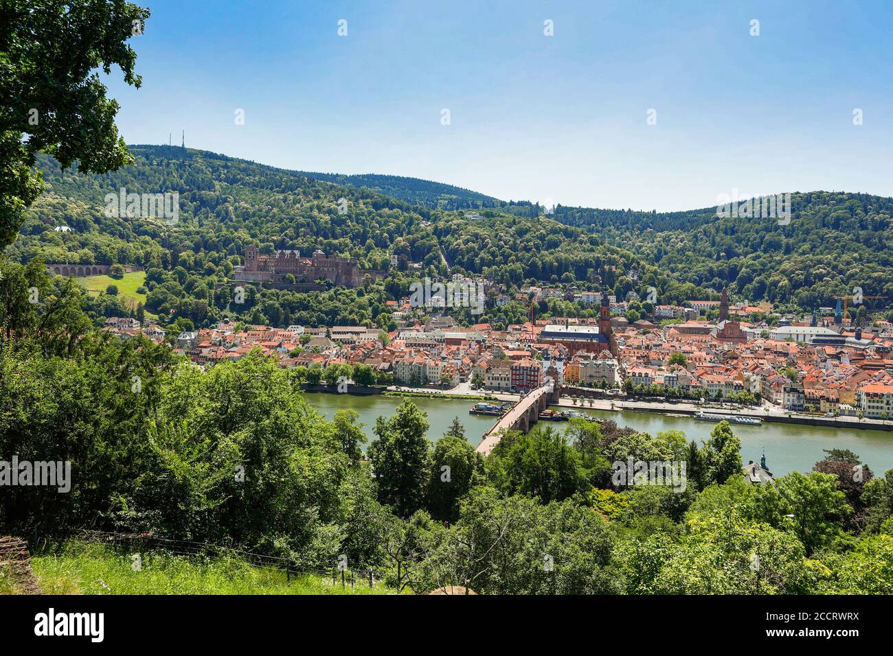 Vue panoramique sur la vieille ville de Heidelberg avec célèbre château d'Heidelberg sur une belle journée ensoleillée avec ciel bleu et nuages au printemps, Baden-Wuer Banque D'Images