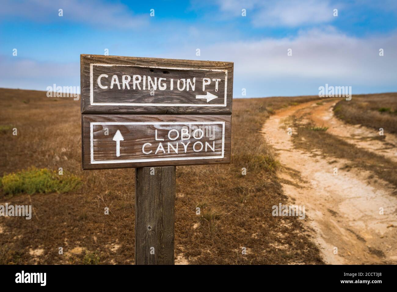 Panneau indiquant Lobo Canyon et Carrington point, Santa Rosa Island, Channel Islands National Park, Californie, États-Unis Banque D'Images