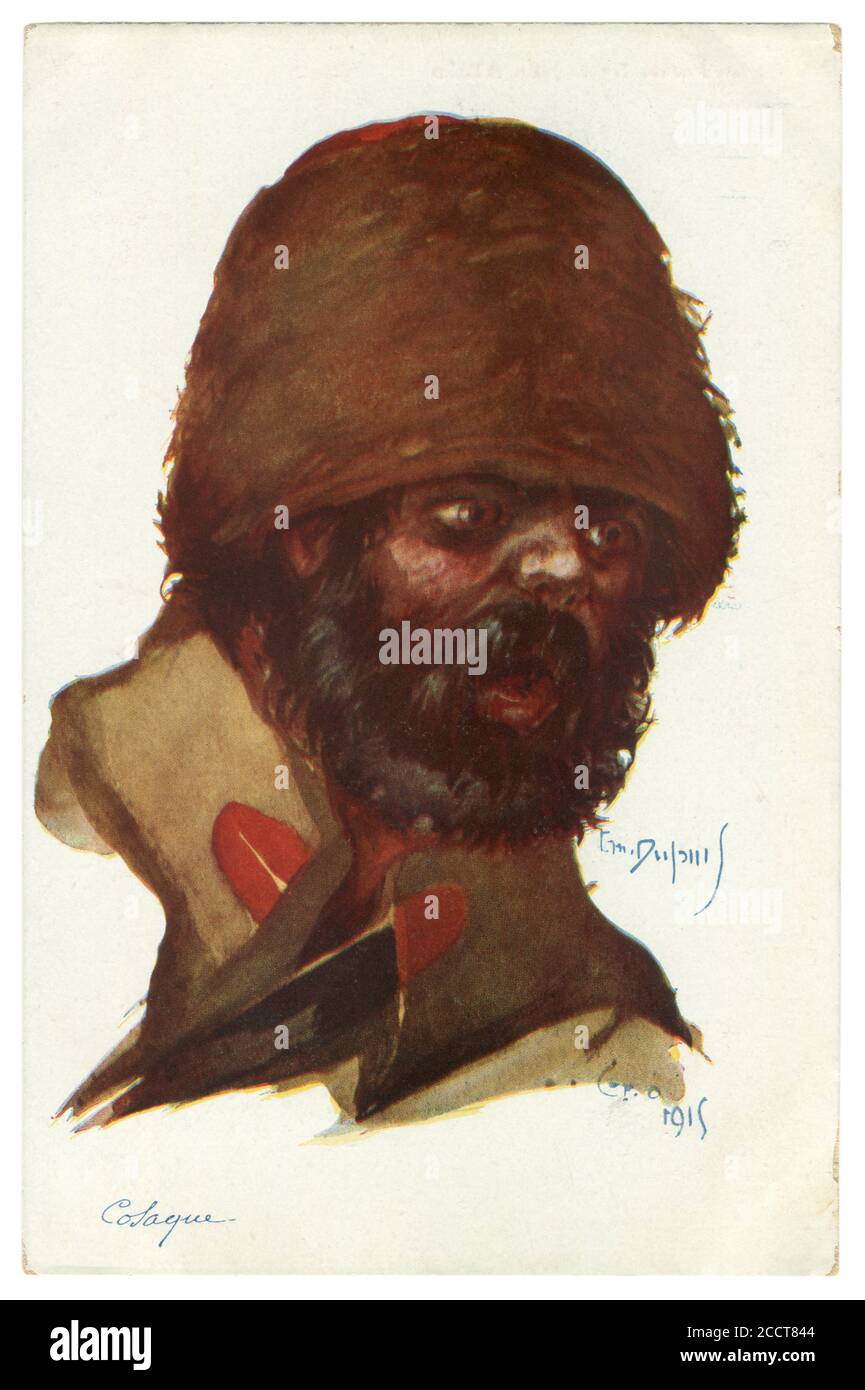 Carte postale historique française : portrait caricatural d'un cosaque barbu dans un chapeau à fourrure élevée. Cavalryman de l'armée impériale russe, première guerre mondiale, 1915 Banque D'Images