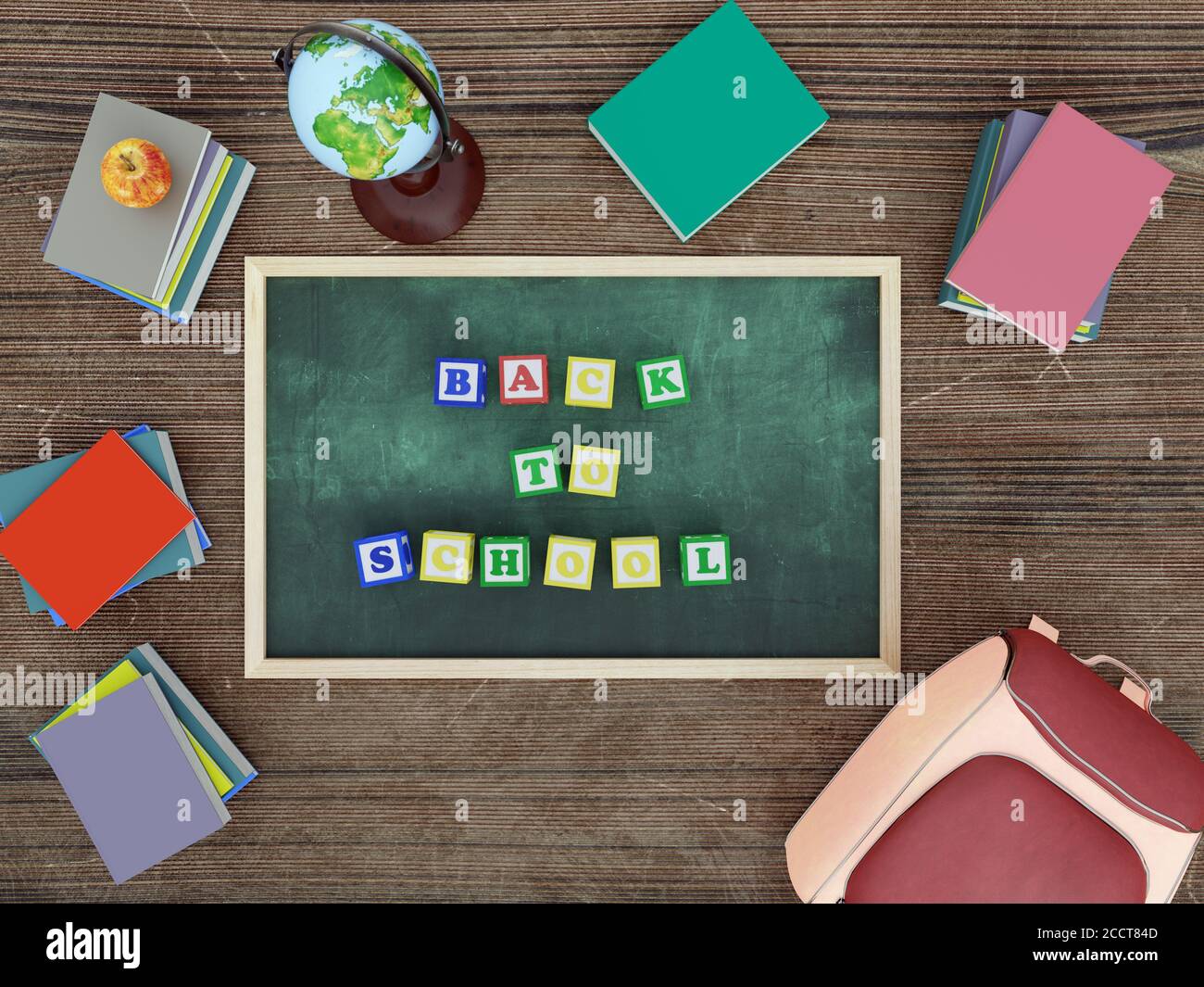 Rendu en 3D du tableau de craie vert avec des blocs d'alphabet en bois Disposé dans le texte de la rentrée avec sac à dos d'école et des piles de livres scolaires se dispersent Banque D'Images
