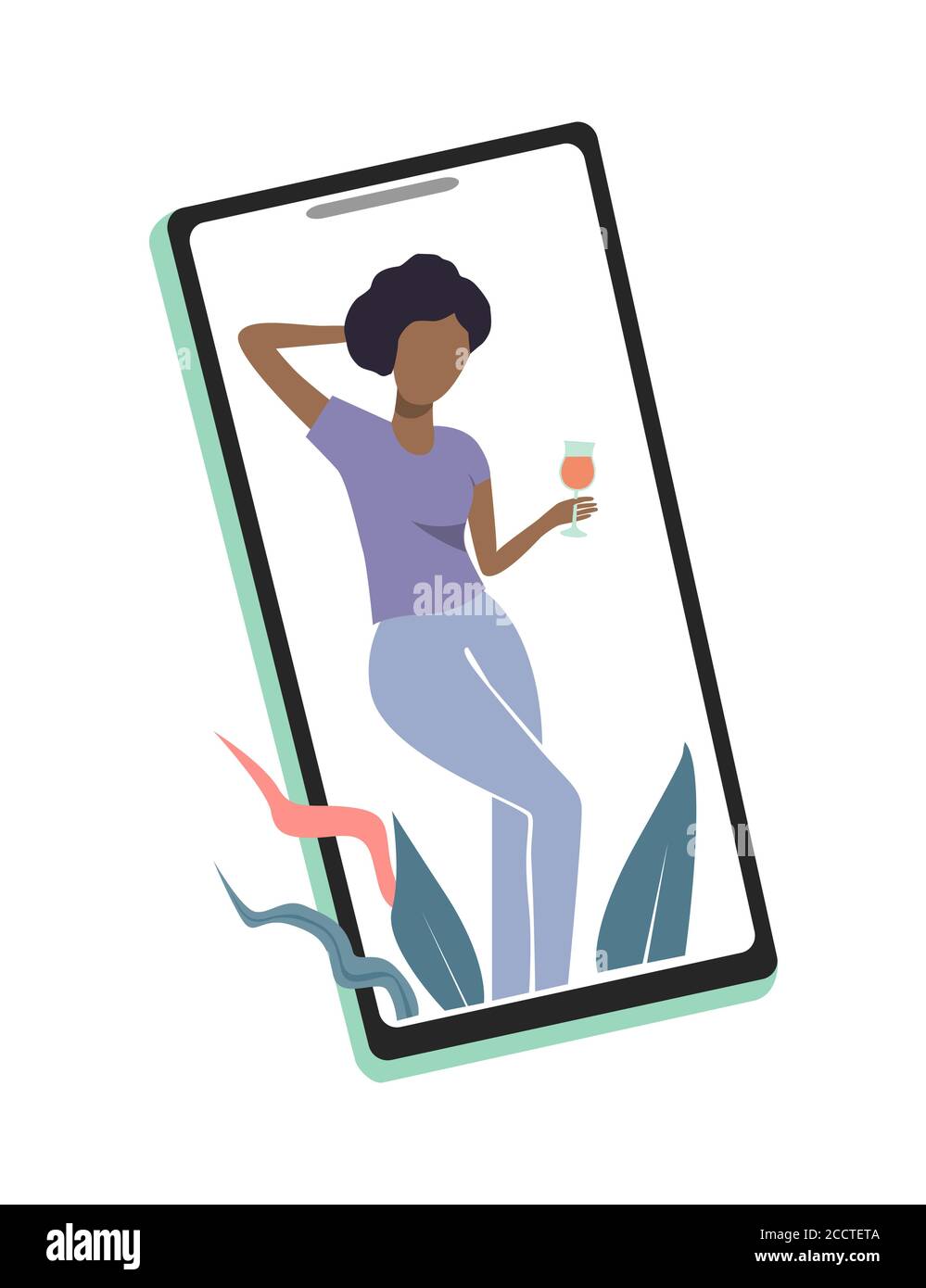 Bonne fille avec un cocktail sur l'écran du téléphone. Concept de fête en ligne, d'anniversaire ou de réunion d'amis. Illustration de l'écran plat du vecteur de mise en quarantaine Illustration de Vecteur