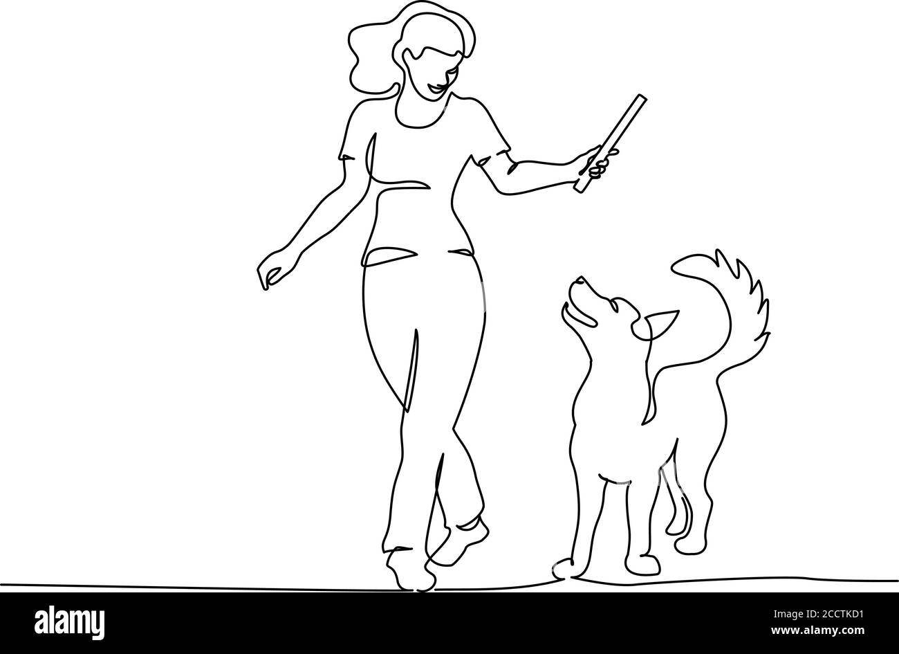 Femme chien d'entraînement avec bâton. Style de mise en plan continu d'un dessin au trait. Propriétaire jouant avec un chien mignon à pied. Esquisse linéaire noire isolée sur fond blanc. Illustration vectorielle Illustration de Vecteur