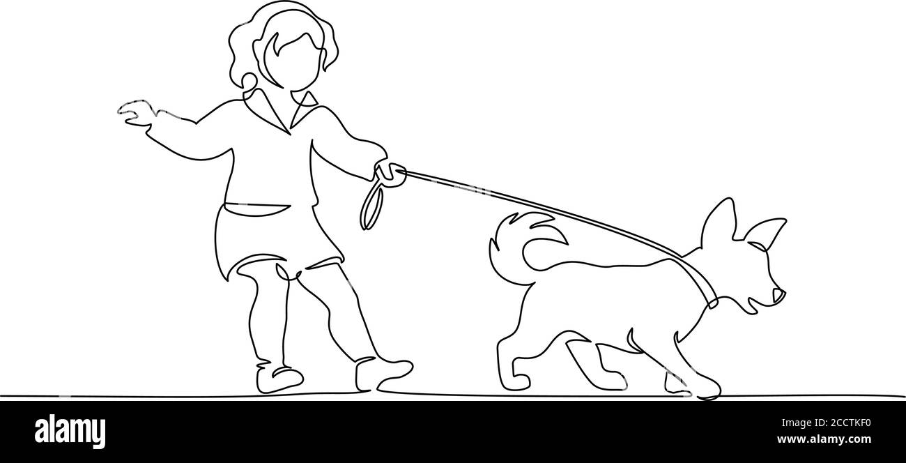 Tirage continu d'une ligne. Petite petite fille mignonne avec un chien en laisse, marchant. Illustration vectorielle noir sur blanc Illustration de Vecteur