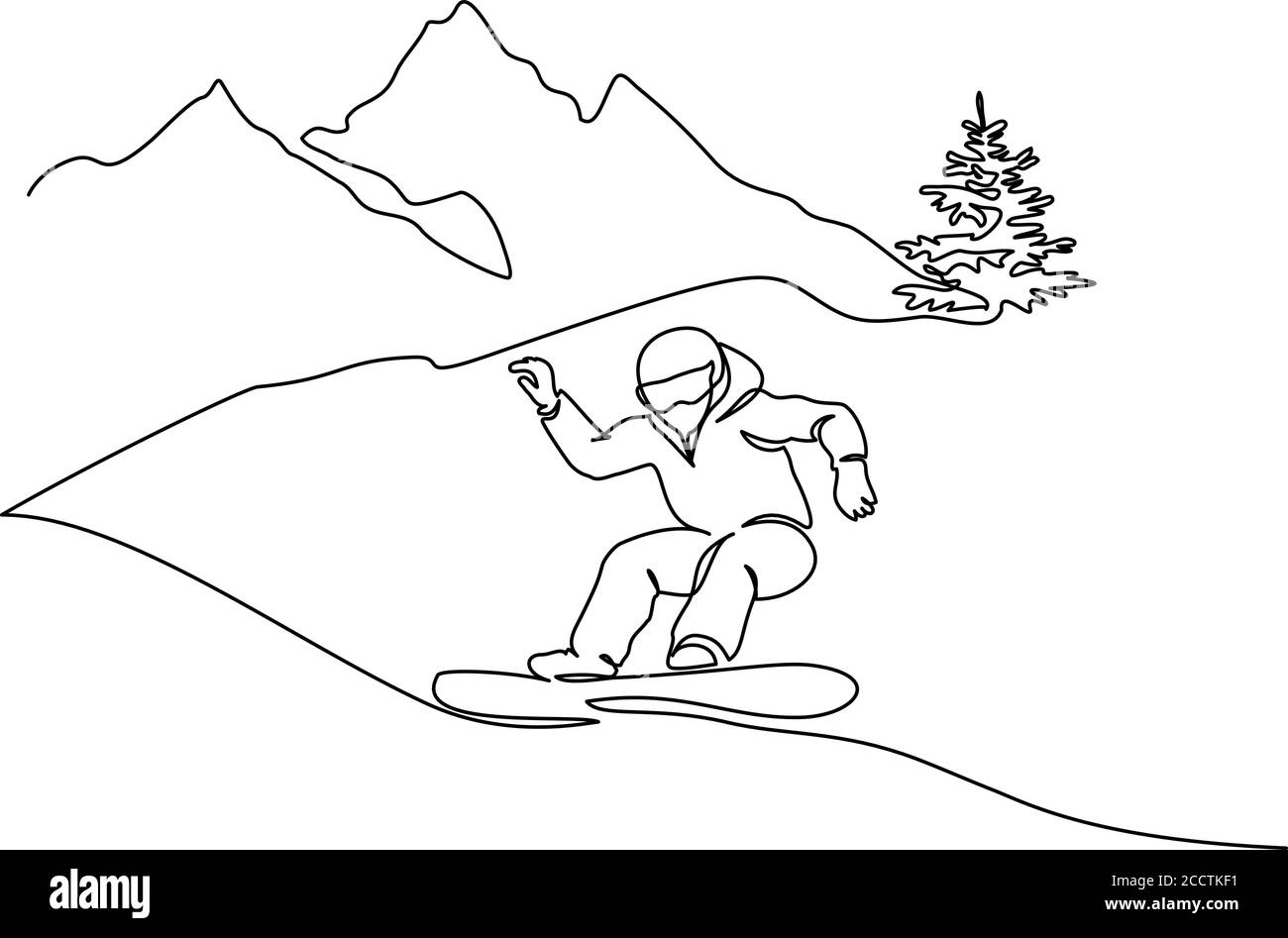 Mise en plan continue d'une ligne. Un jeune snowboardeur fait du snowboard rapide dans une montagne enneigée. Concept de sport touristique. Illustration vectorielle noir sur blanc Illustration de Vecteur