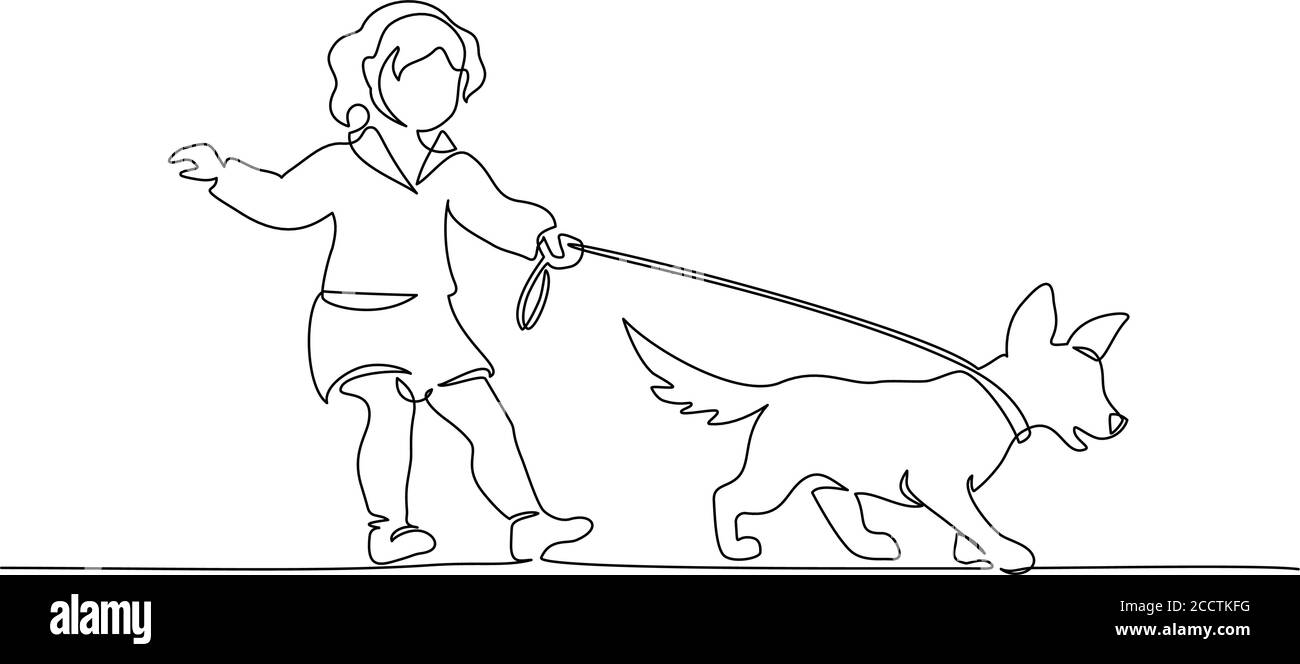 Tirage continu d'une ligne. Petite petite fille mignonne avec un chien en laisse, marchant. Illustration vectorielle noir sur blanc Illustration de Vecteur