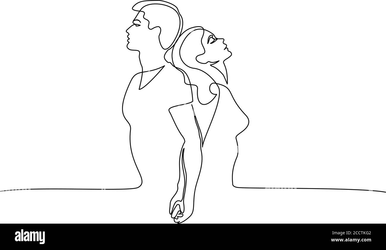 Couple affectueux femme et homme debout dos à dos. Style de mise en plan continu d'un dessin au trait. Esquisse linéaire noire isolée sur fond blanc. Illustration vectorielle Illustration de Vecteur