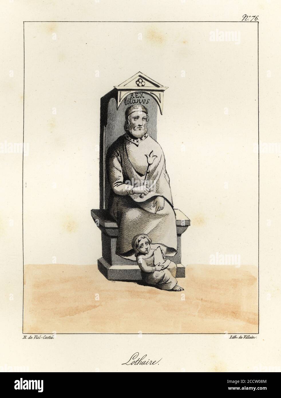 Statue de Lothair I, Lothar I, empereur carolingien, roi d'Italie et moyenne francie, 795-855. Assis sur un trône tenant un sceptre de fleur de lys. Lothaire, Rex Lotarus. Lithographie teintée par le méchant d'après une illustration d'Horace de Viel-Castel de sa Collection des costumes, armes et meubles pour servir à l'histoire de la France (Collection des costumes, armes et meubles à utiliser dans l'histoire de la France), Teuttel & Wurtz, Bossange, 1827. Banque D'Images
