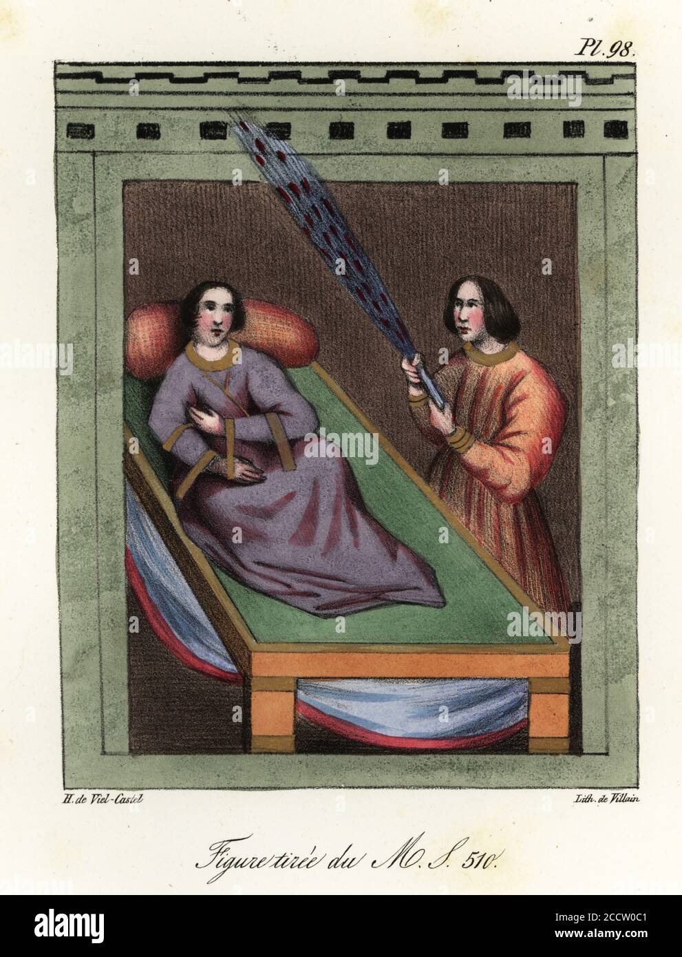 Femme couchée sur un lit alors qu'un homme la fans de paon-plume, 9ème siècle. D'après le manuscrit illuminé 510 de Gregory de Nazianzus. Figure tiree du MS 510. Lithographie colorée à la main par le méchant d'après une illustration d'Horace de Viel-Castel de sa Collection des costumes, armes et meubles pour servir à l'histoire de la France (Collection de costumes, armes et meubles à utiliser dans l'histoire de la France), Teuttel & Wurtz, Bossange, 1827. Banque D'Images