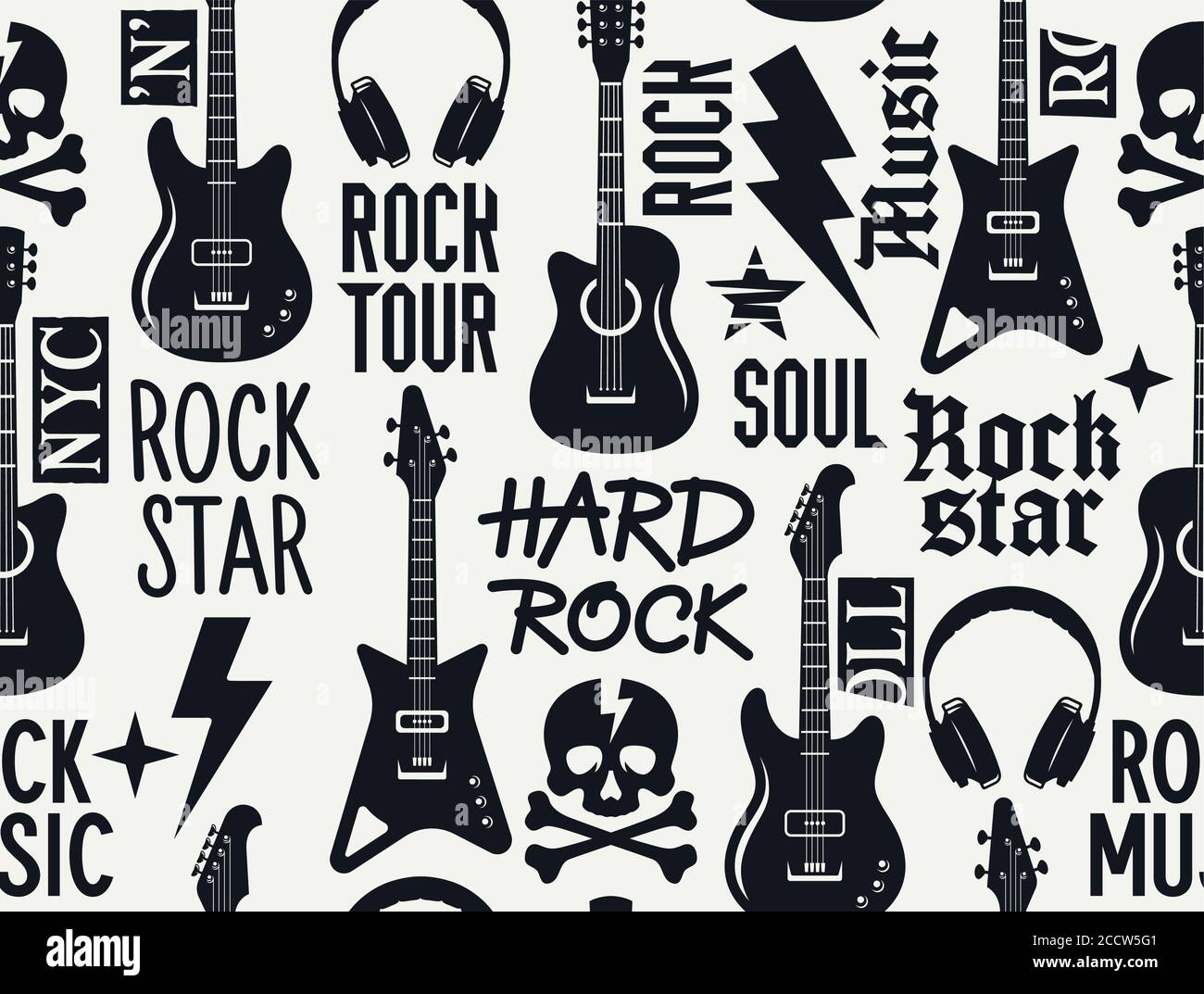 Motif musical tendance sans couture avec guitares, crâne et crossbone et autres symboles de musique rock. Fond musical rock fluide Illustration de Vecteur