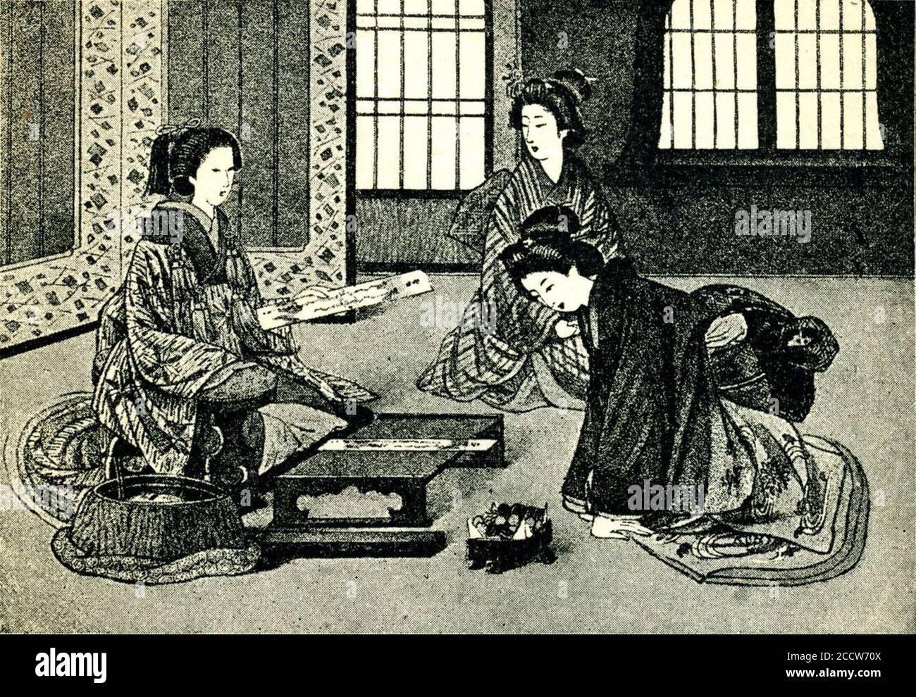 Poetess japonais et ses auditeurs. Avant 1902. Banque D'Images