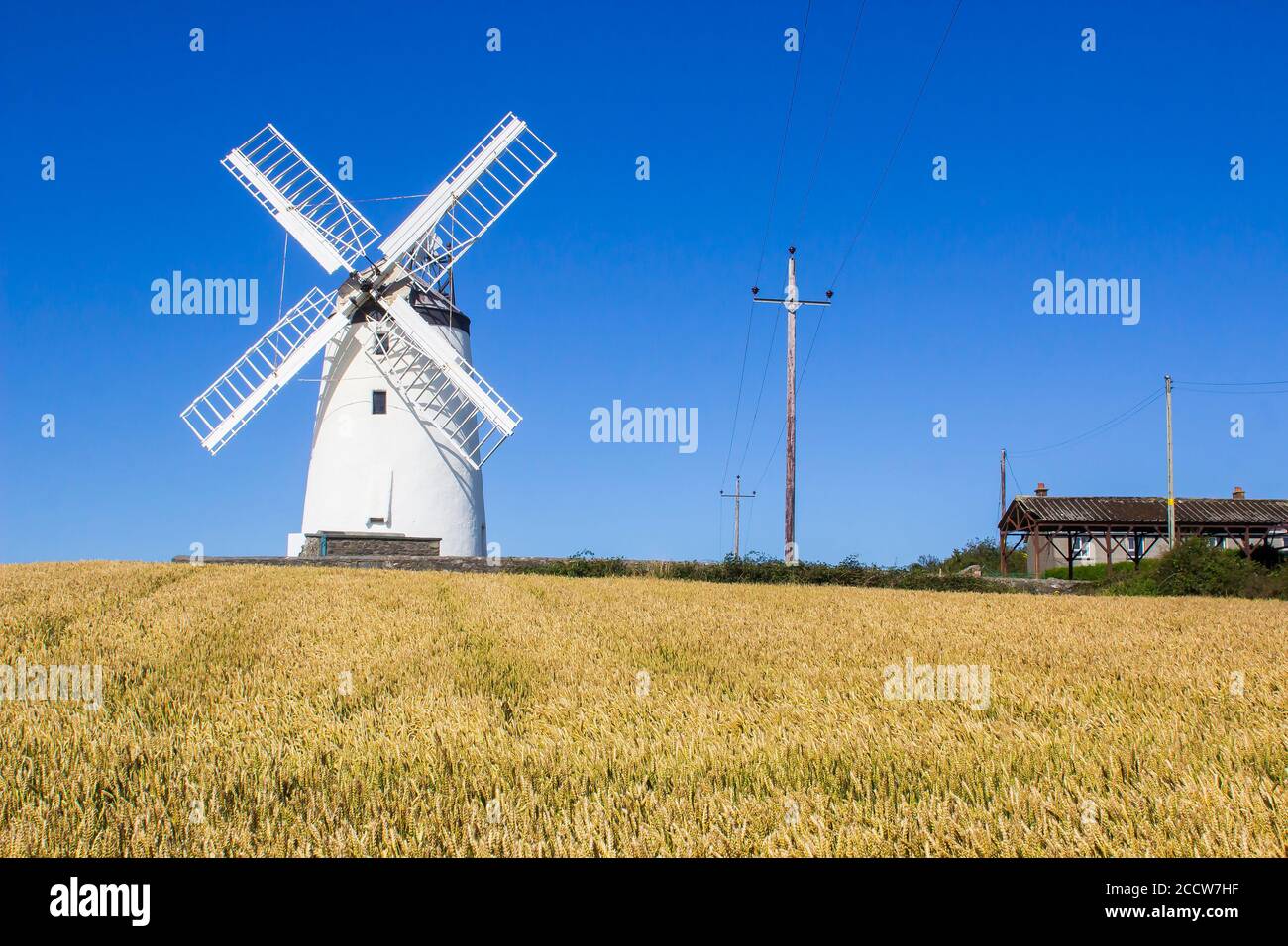 Le moulin à vent traditionnel de Ballycopeland le jour de l'été. Cette tour historique en pierre est un point de repère local à l'extérieur du comté de Millisle Down No Banque D'Images