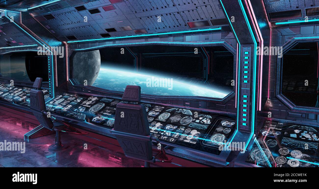 Grunge Spaceship intérieur bleu et rose avec vue sur la planète Éléments de rendu 3D de la terre de cette image fournie par la NASA Banque D'Images