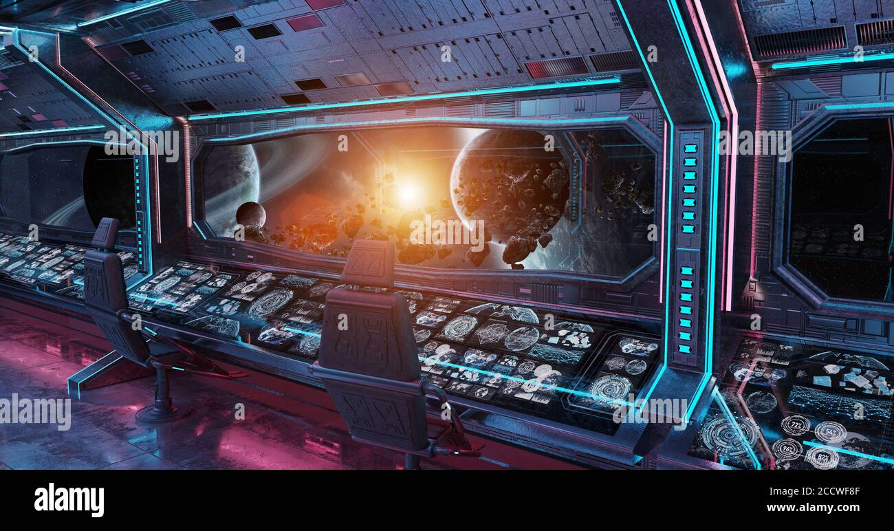Grunge Spaceship intérieur bleu et rose avec vue sur la distance Système de planètes éléments de rendu 3D de cette image fournis par NASA Banque D'Images