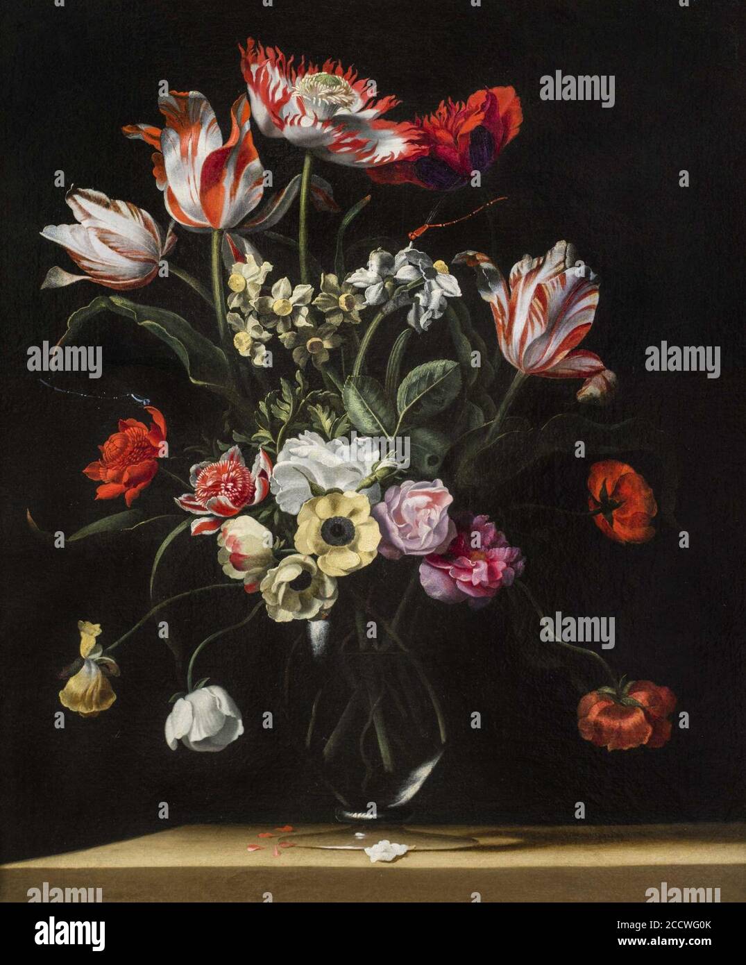 Jean-Michel Picart - encore la vie avec des jonquilles, des œillets, des coquelicots et d'autres fleurs dans un vase en verre. Banque D'Images
