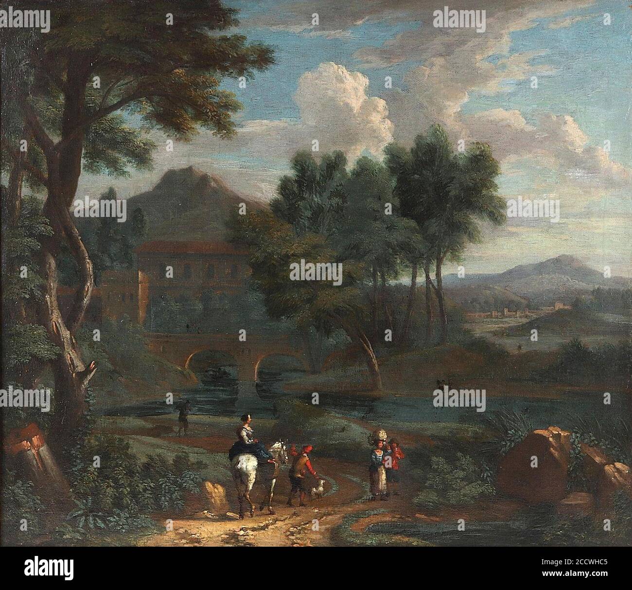 Johannes Glauber (cercle) - Südliche Flusslandschaft mit Reisenden. Banque D'Images