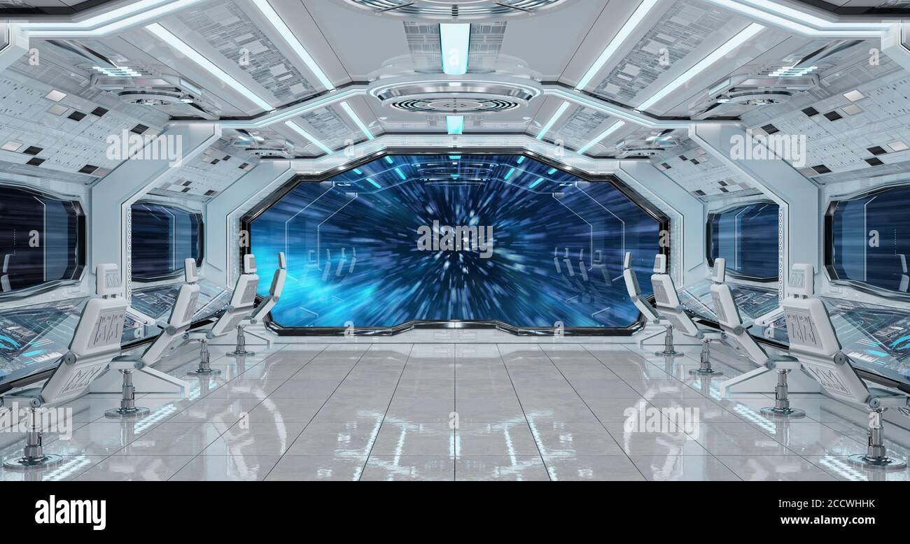 L'intérieur du vaisseau spatial blanc se rend au rendu 3D à vitesse légère Éléments de cette image fournis par la NASA Banque D'Images