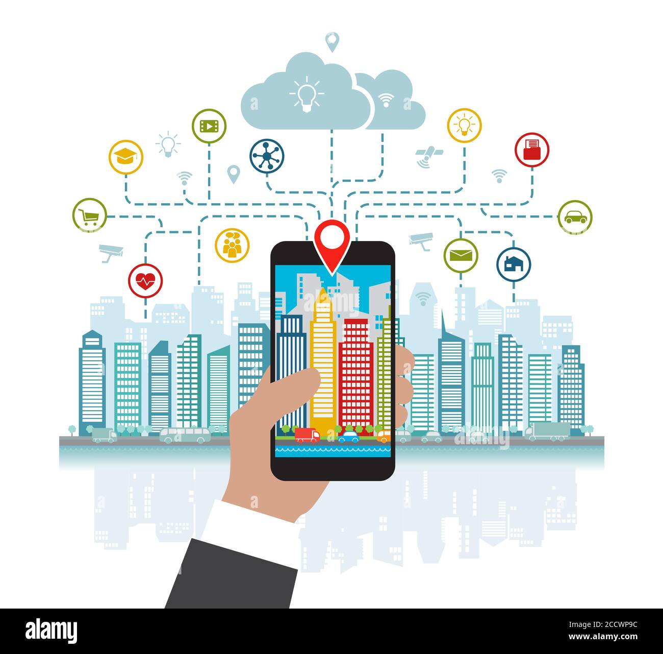 Le smartphone à portée de main permet de se concentrer dans une ville intelligente grâce à des services intelligents avancés, à la réalité augmentée, aux réseaux sociaux et à la localisation dans la ville Illustration de Vecteur