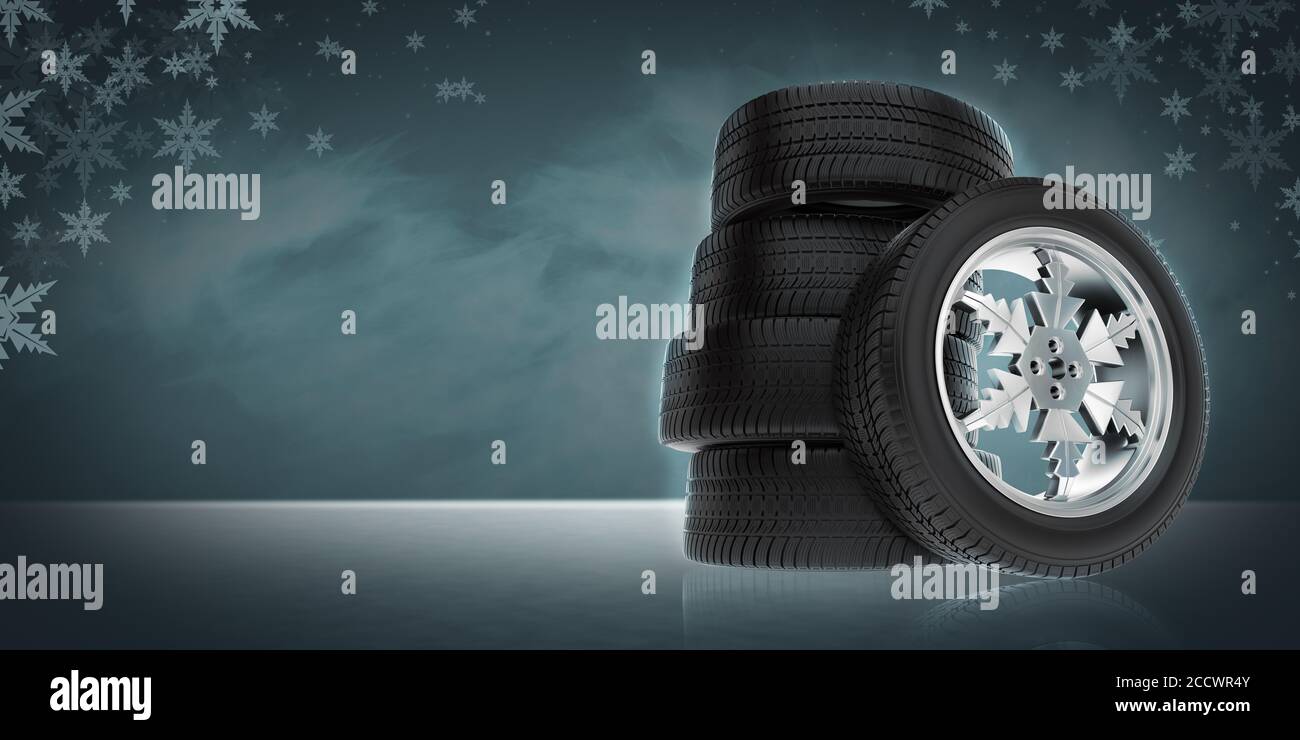 roues de voiture d'hiver sous forme de flocons de neige Banque D'Images