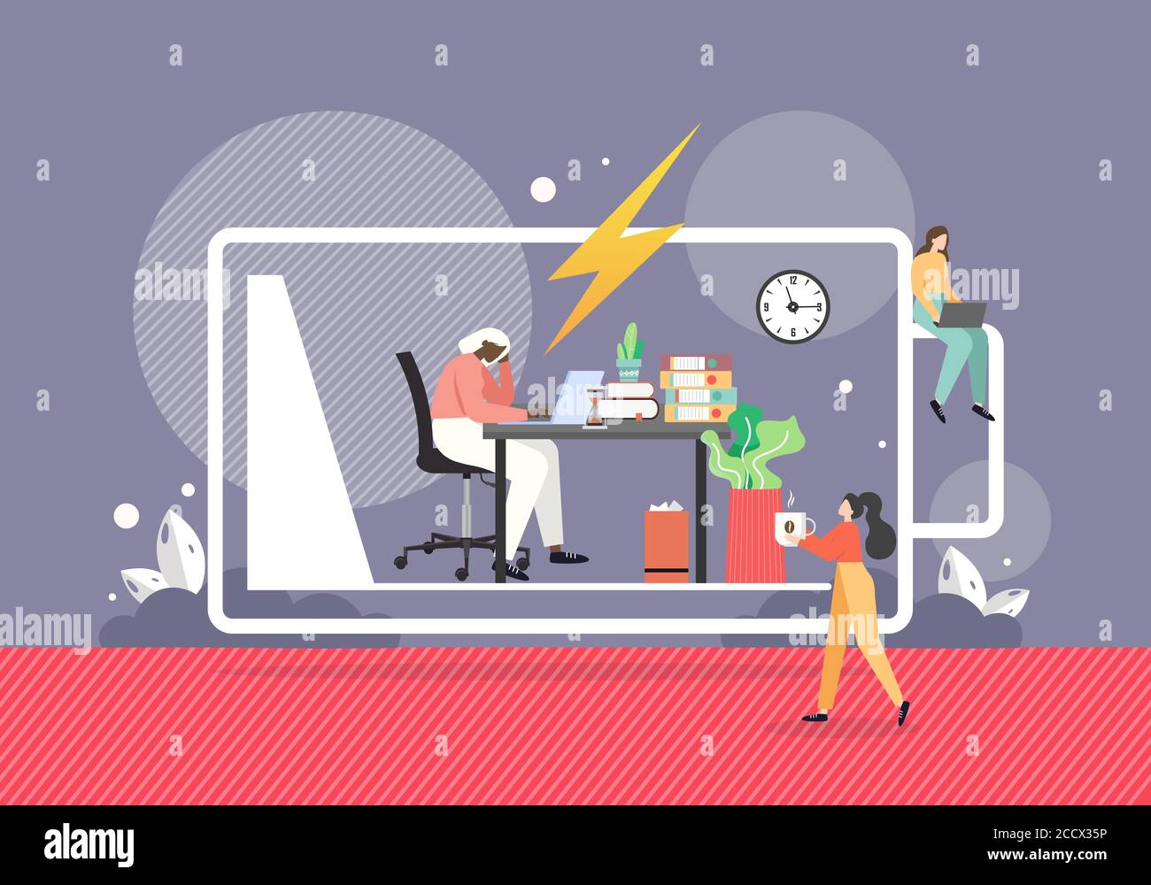 Femme donnant une tasse de café à une fille fatiguée avec peu d'énergie travaillant sur l'ordinateur dans le bureau, illustration vectorielle plate Illustration de Vecteur