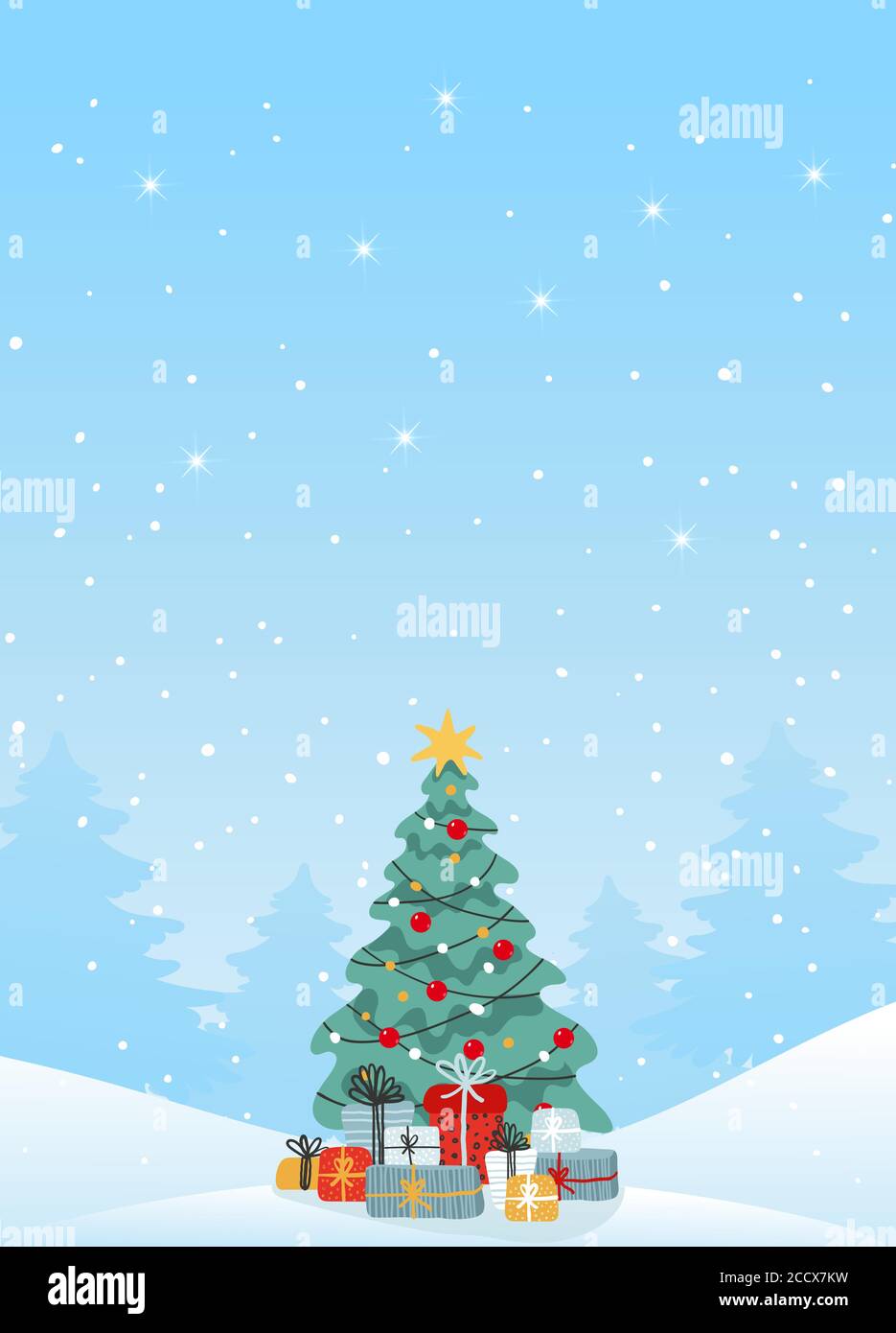 Carte de Noël moderne avec espace copie. Arbre de Noël décoré avec des cadeaux sur le fond d'un paysage d'hiver, neige d'hiver. Illustration vectorielle plate pour la conception Illustration de Vecteur