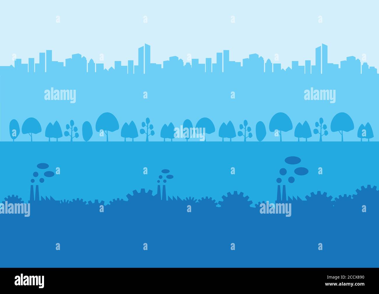 Ensemble de trois silhouettes - gratte-ciels urbains, arbres et plantes dans la nature, usines industrielles avec cheminée, pour la conception de fond dans les nuances de b Illustration de Vecteur