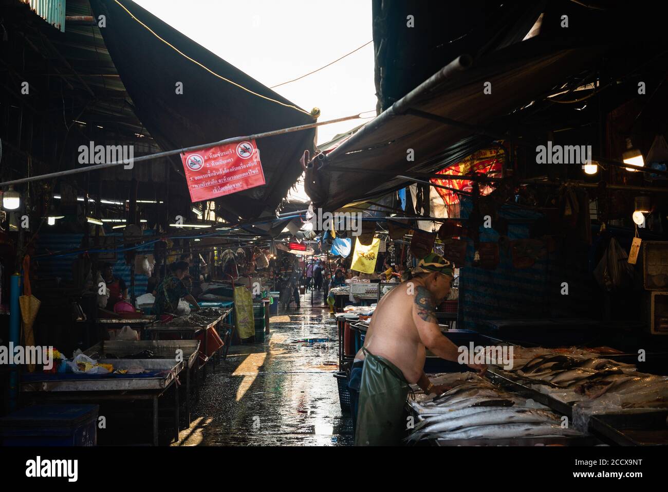 Rangée de pêcheurs au marché de Khlong Toei, Bangkok Banque D'Images