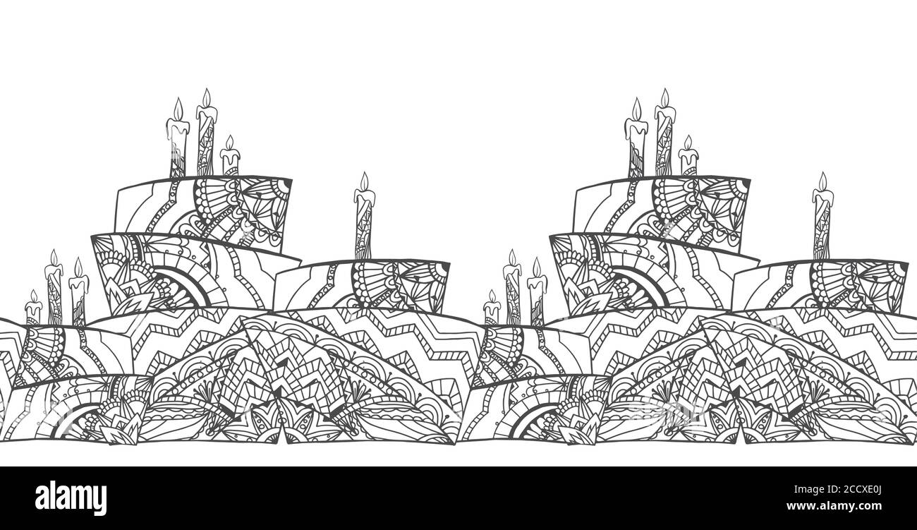 Bordure noire et blanche sans couture avec gâteau décoré de motifs boho. Motif vectoriel pour votre conception. Coloration pour adulte Illustration de Vecteur