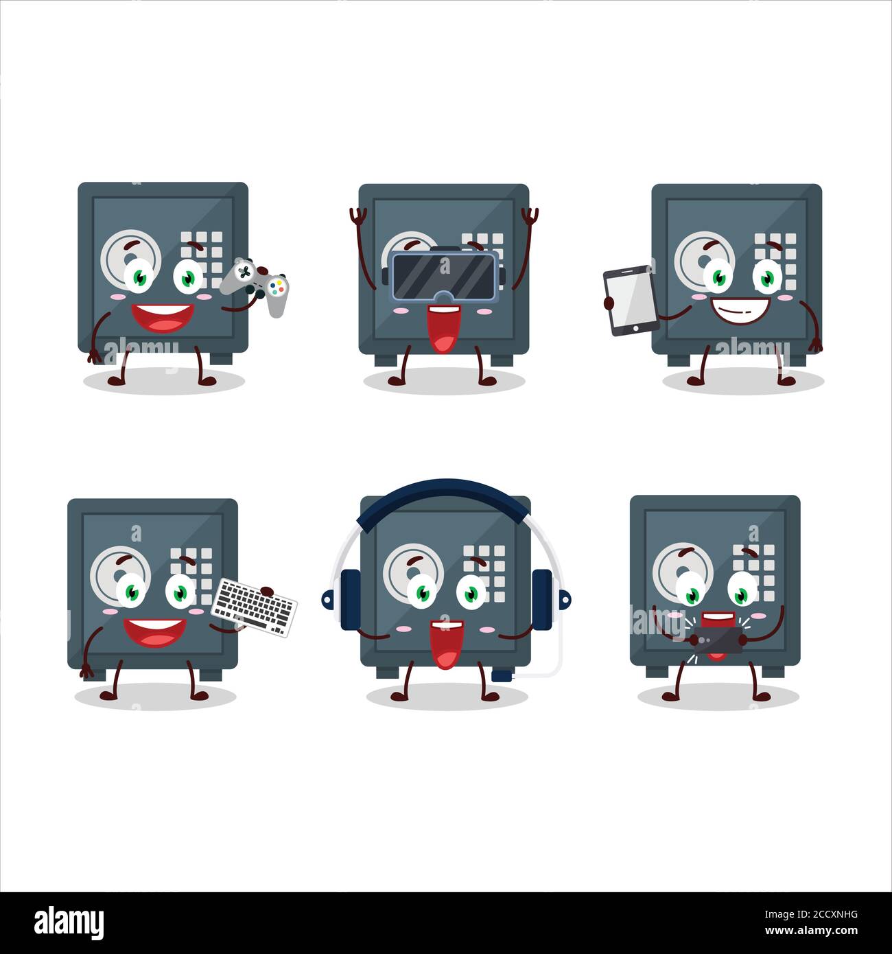 Coffre-fort personnage de dessin animé jouent à des jeux avec divers émoticônes mignons Illustration de Vecteur