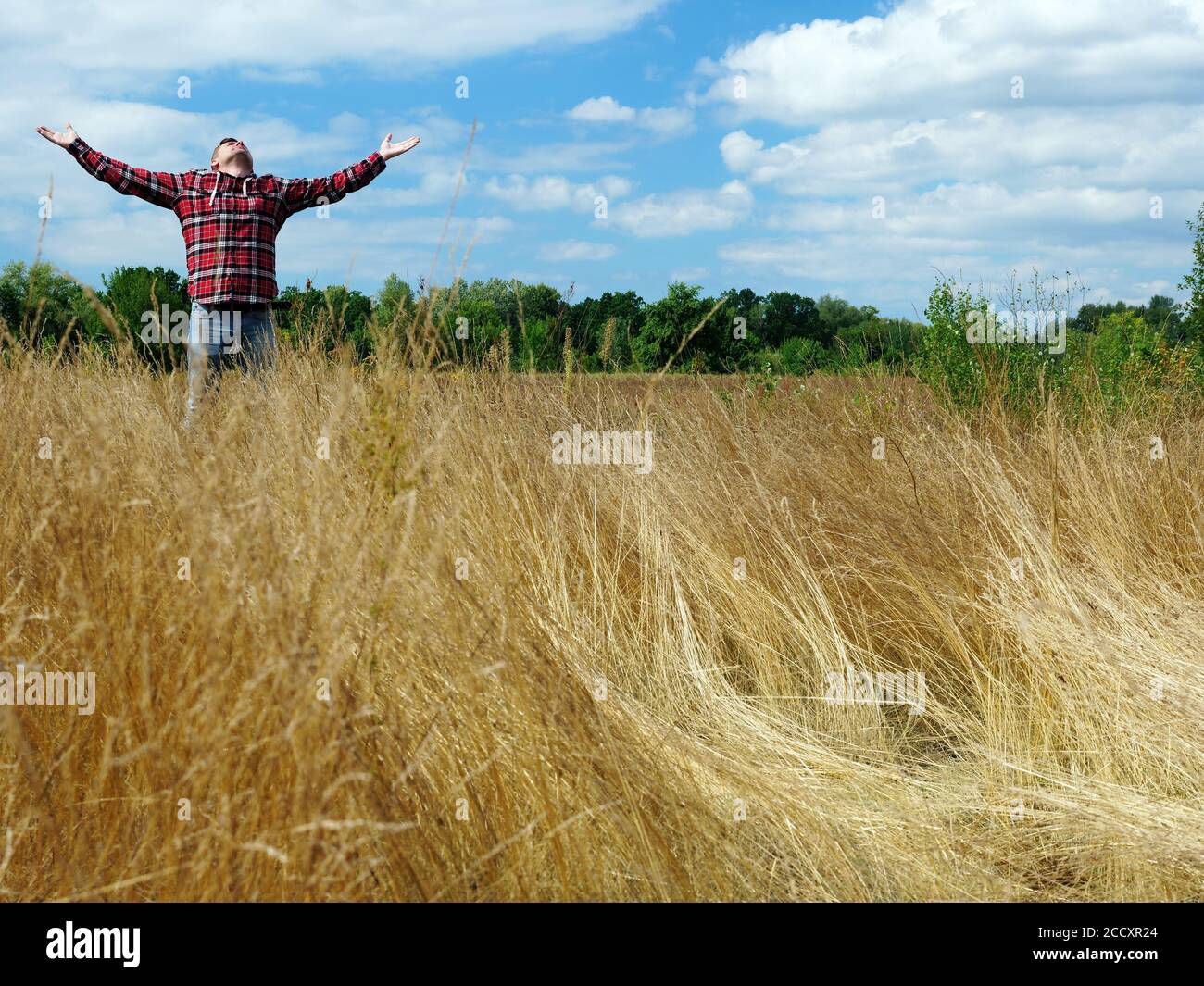 Un homme joyeux s'étire les mains jusqu'au ciel tout en se tenant dans un champ de nature. Joie et détente. Banque D'Images