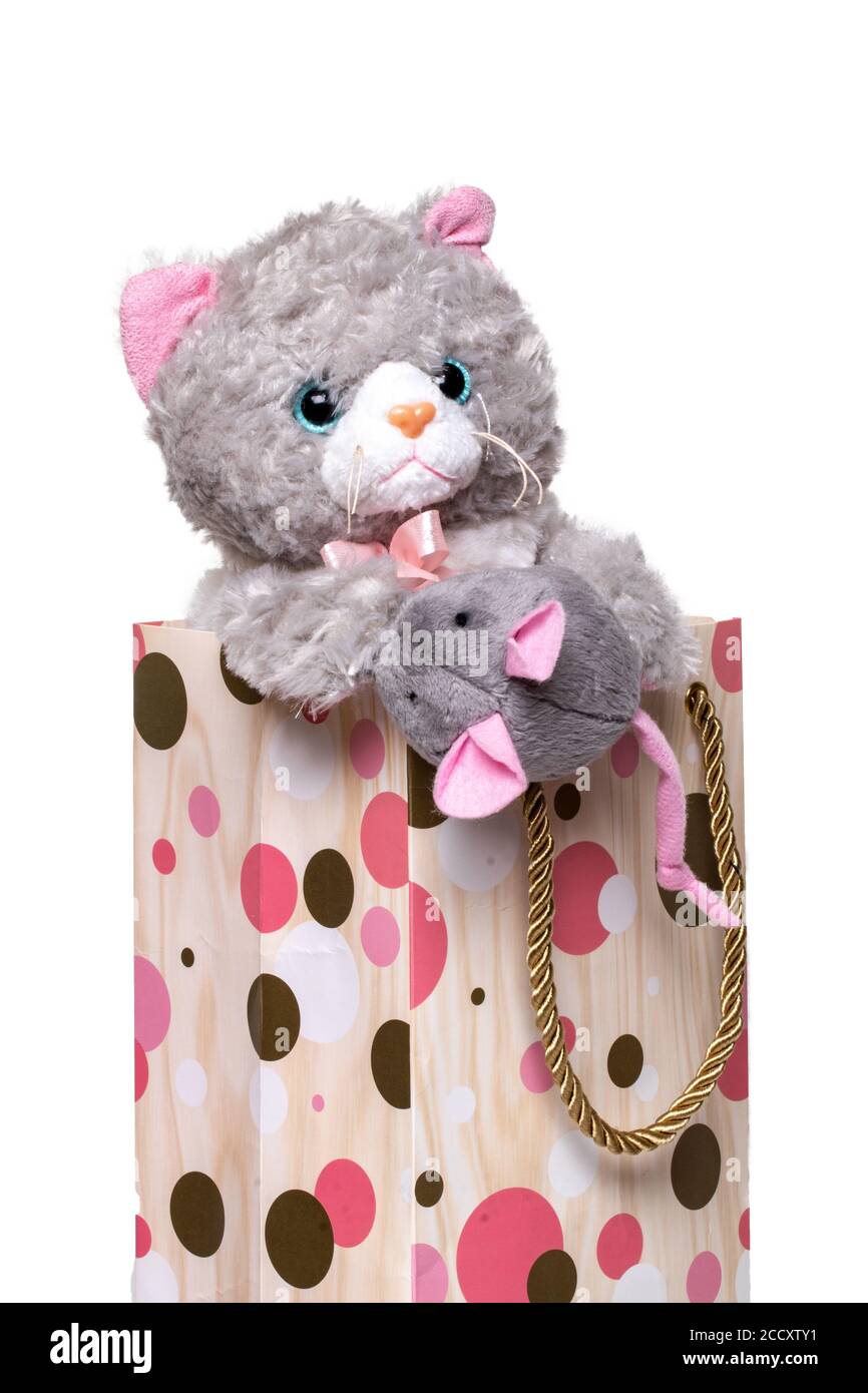 Jouet chat et jouet souris avec des oreilles roses dans un coffret cadeau  coloré isolé sur un fond blanc. Noël, anniversaire ou autre cadeau de  vacances. Macro Photo Stock - Alamy