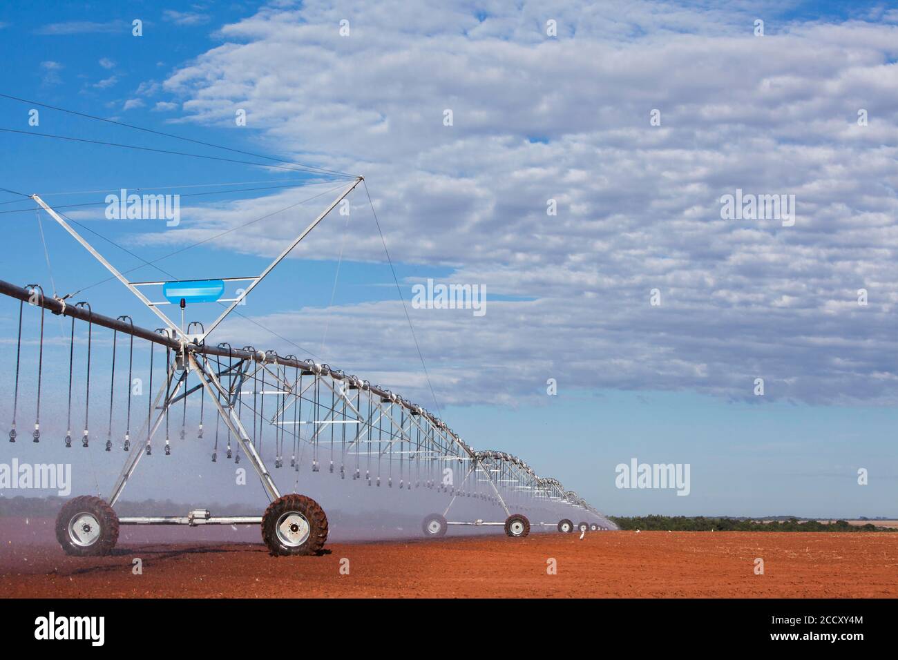 Les arroseurs pivotants répartissent l'eau sur les champs de coton récoltés, Mato Grosso, Brésil Banque D'Images