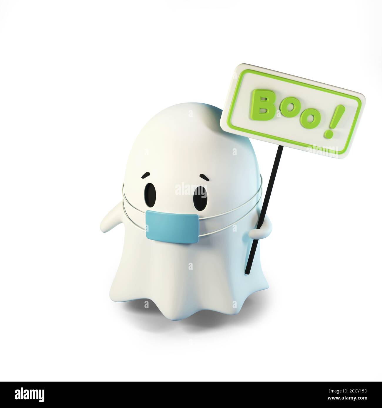 Illustration de rendu 3D de cute friendly Ghost dans un masque médical. Avec une inscription sur le panneau Boo isolé sur blanc Banque D'Images