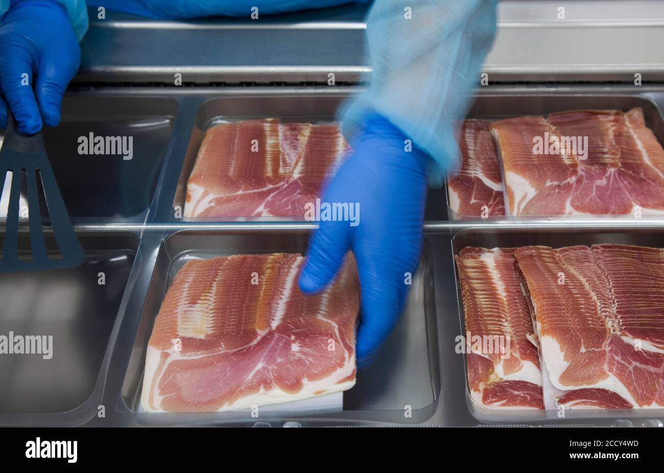 Jambon cru emballé, usine de Cantimpalos, province de Segovia, Espagne Banque D'Images