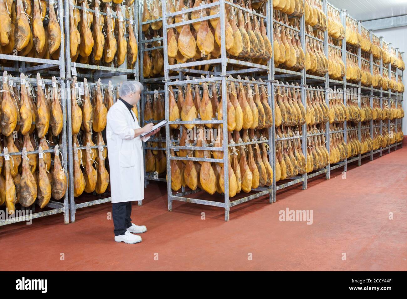 L'employé vérifie le jambon cru dans la salle de séchage de l'usine de Cantimpalos, province de Segovia, Espagne Banque D'Images