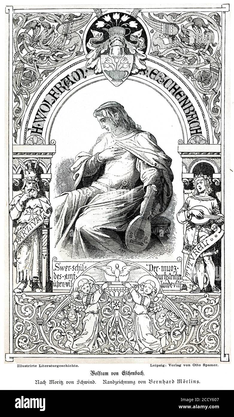 Wolfram von Eschenbach, d'après Moritz von Schwind, dessin à la main par Bernhard Moerlins, illustration historique d'Otto von Leixner, illustré Banque D'Images