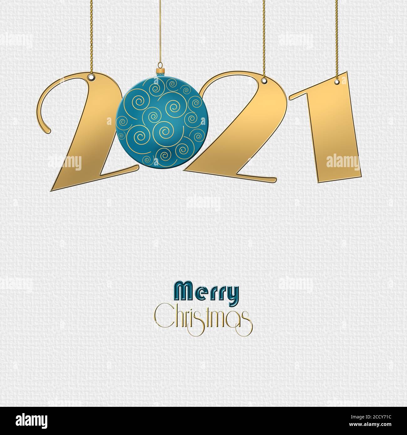 Design minimaliste Happy New 2021 ans avec suspension or 2021 chiffres, boule bleu turquoise avec ornement or sur fond blanc. Texte Joyeux Noël. Espace de copie, illustration 3D Banque D'Images