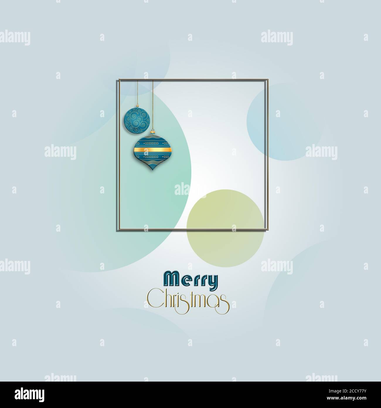 Motif hiver bleu pastel. Boules suspendues bleu turquoise, texte Joyeux Noël et Bonne Année. Un fond minimaliste pour le nouvel an 2021. Circulaire de Noël, affiche, affiche, bannière, Web, affiche supérieure. Illustration 3D Banque D'Images