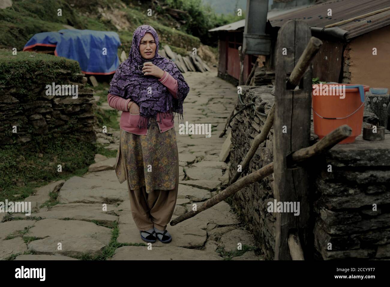 Portrait d'un villageois à Bhanjyang, village écotouristique de la région montagneuse de Panchase, Gandaki Pradesh, Népal. Banque D'Images